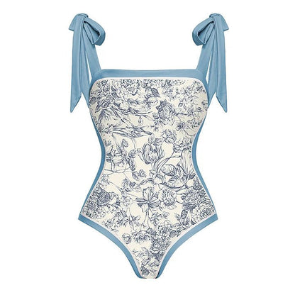 Reversible One Piece Blue Tie Up Swimsuit With Wrap Around Tie Up Short Sarong Skirt By