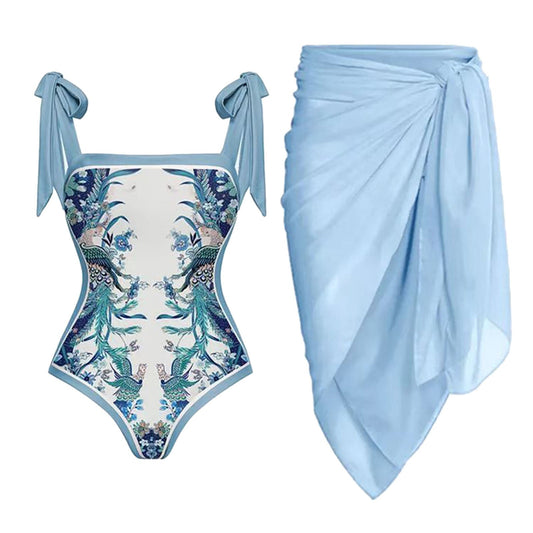 Reversible One Piece Blue Tie Up Swimsuit With Wrap Around Tie Up Short Sarong Skirt By