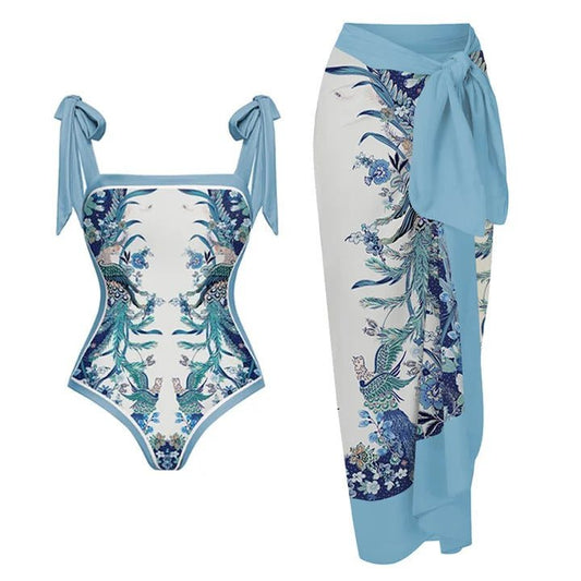Reversible One Piece Tie Up Swimsuit With Wrap Around Tie Up Sarong Skirt - Three Piece Swimsuit By