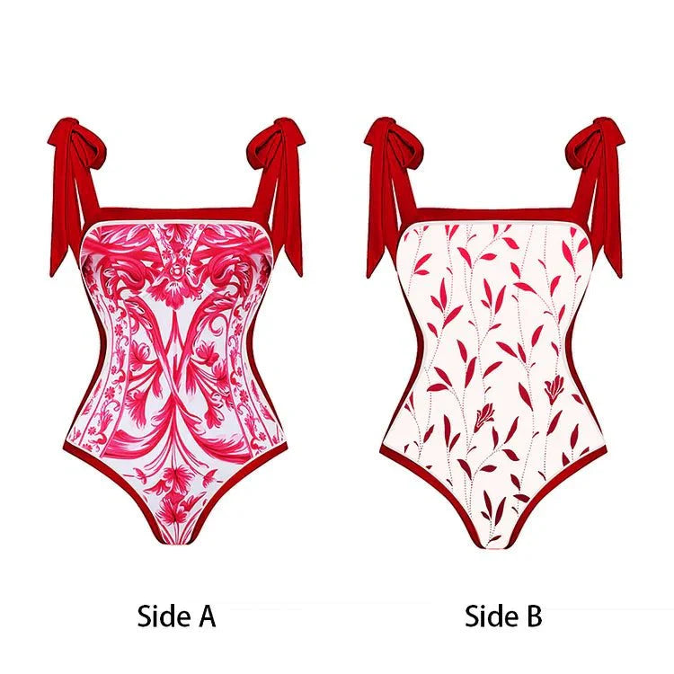 Reversible Red Pink One Piece Tie Up Swimsuit With Floral Skirt By