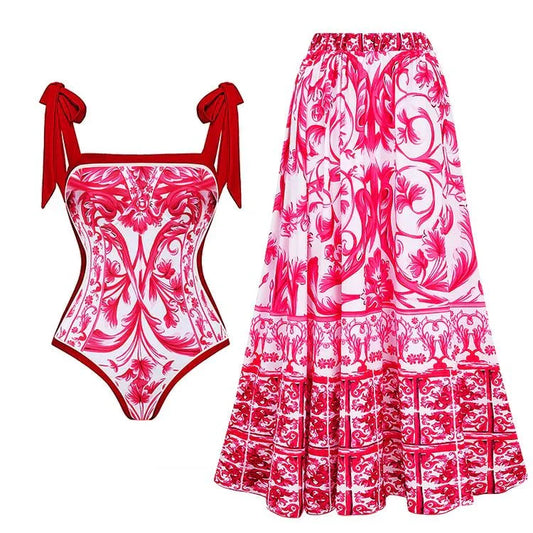 Reversible Red Pink One Piece Tie Up Swimsuit With Floral Skirt By