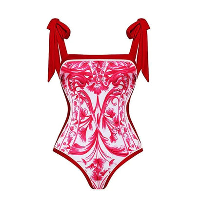 Reversible Red Pink One Piece Tie Up Swimsuit With Floral Skirt By