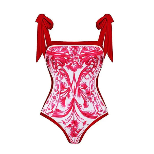 Reversible Red Pink One Piece Tie Up Swimsuit With Floral Skirt By