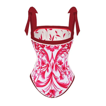 Reversible Red Pink One Piece Tie Up Swimsuit With Floral Skirt By