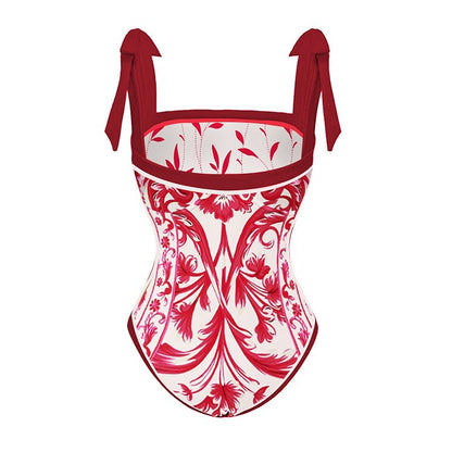 Reversible Red Pink One Piece Tie Up Swimsuit With Pants By