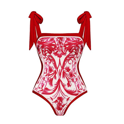 Reversible Red Pink One Piece Tie Up Swimsuit With Pants By