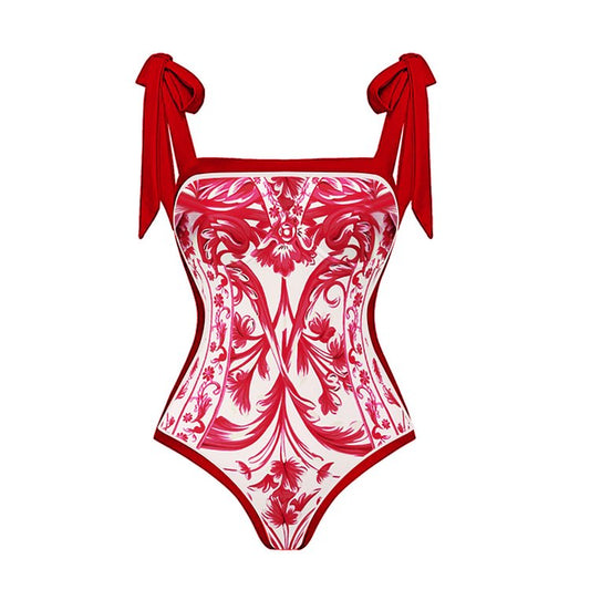 Reversible Red Pink One Piece Tie Up Swimsuit With Pants By