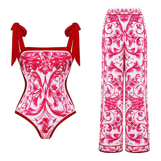 Reversible Red Pink One Piece Tie Up Swimsuit With Pants By