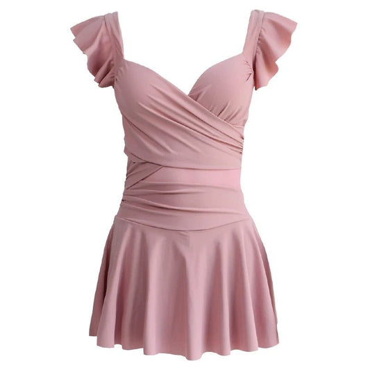 Solid Color Flare Swim Dress With Mesh Waist By