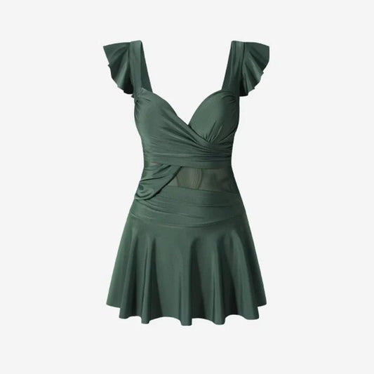 Solid Color Flare Swim Dress With Mesh Waist By