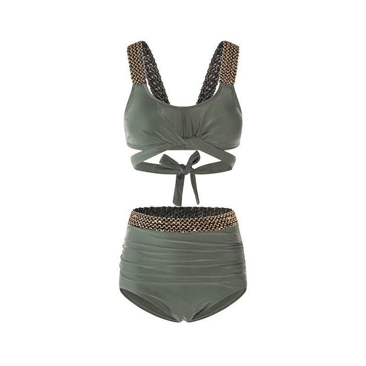 Solid Color With Golden Sequence Straps High Waist Two Piece Swimwear By