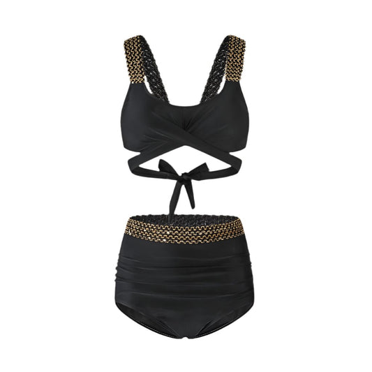 Solid Color With Golden Sequence Straps High Waist Two Piece Swimwear By