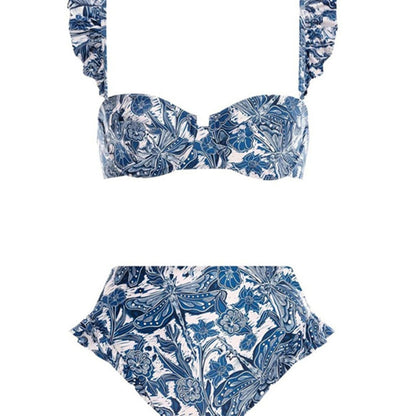 Three Peice Ruffle Trim High Waisted Bikini Set With Tie Around Skirt By