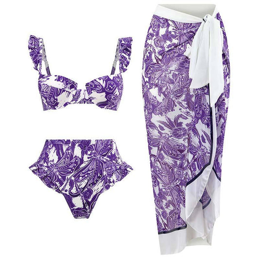 Three Peice Ruffle Trim High Waisted Bikini Set With Tie Around Skirt By