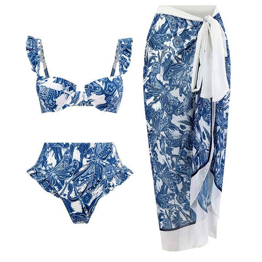 Three Peice Ruffle Trim High Waisted Bikini Set With Tie Around Skirt By