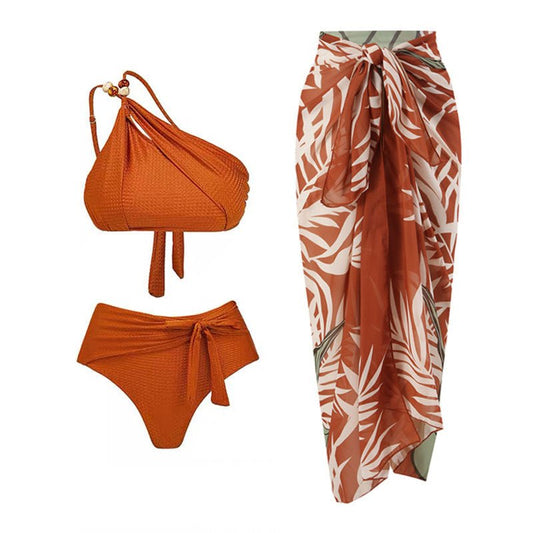 Three Piece High Waist Bikini Swim Set With Sarong By