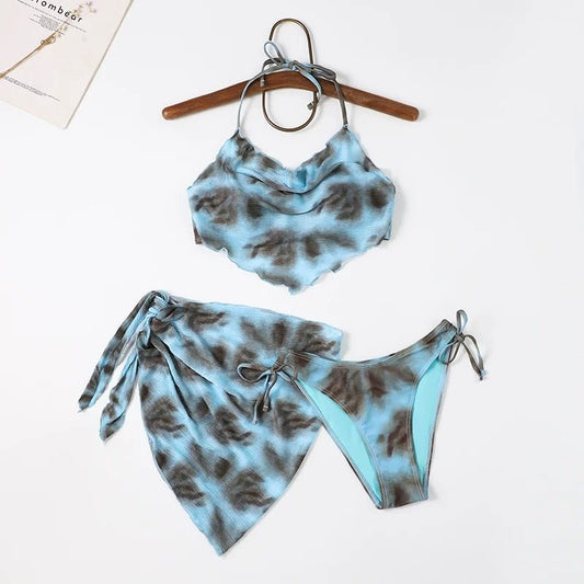 Two Piece Halter Neck Swimwear With Ruched Coverup Skirt By