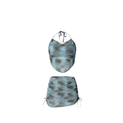 Two Piece Halter Neck Swimwear With Ruched Coverup Skirt By