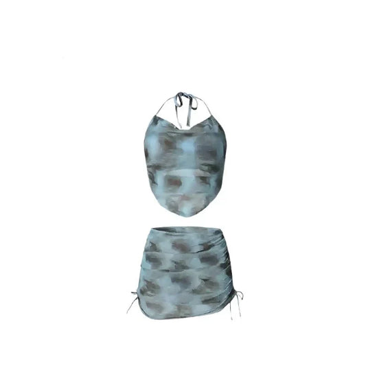 Two Piece Halter Neck Swimwear With Ruched Coverup Skirt By