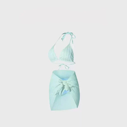 Two Piece Spaghetti Strap Backless Textured Swimwear with Sarong By