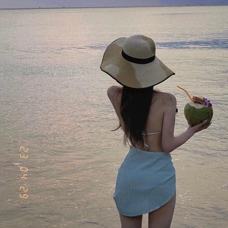 Two Piece Spaghetti Strap Backless Textured Swimwear with Sarong By